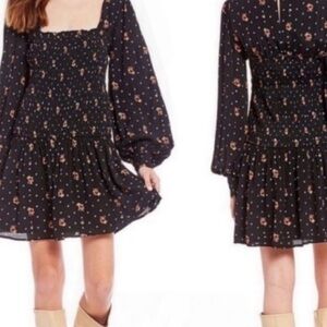 Free People Two Faces Dark Ditzy Floral Puff Sleeve Boho Mini Dress Size S